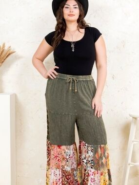 Young Threads Embroidered Patchwork Flare Pant in Olive Green